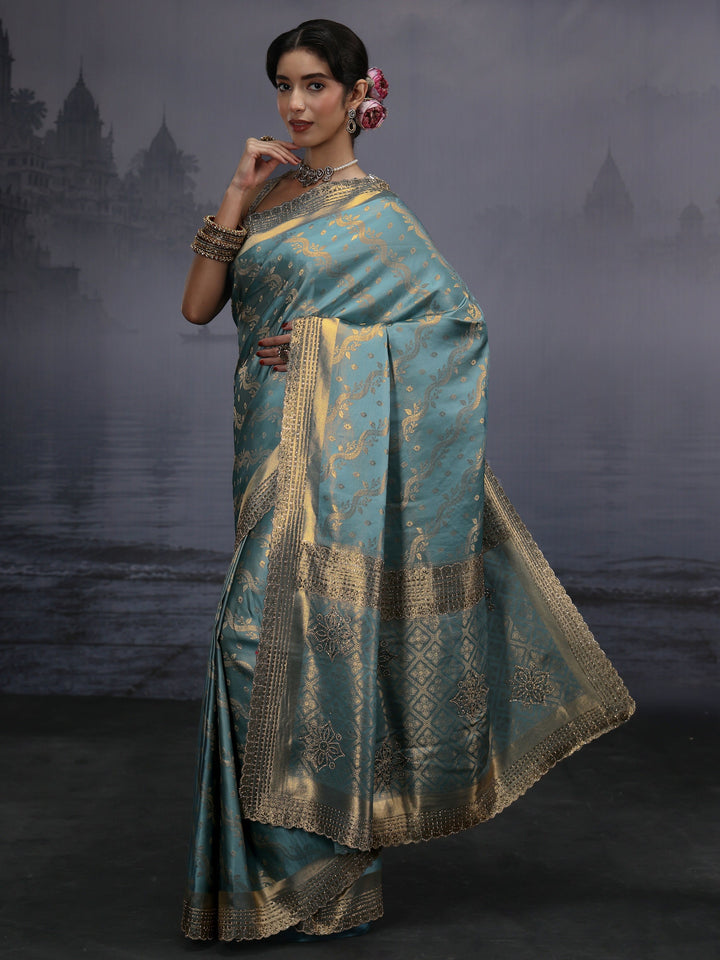 Libas Blue Woven Design Satin Saree with Embellished Pallu