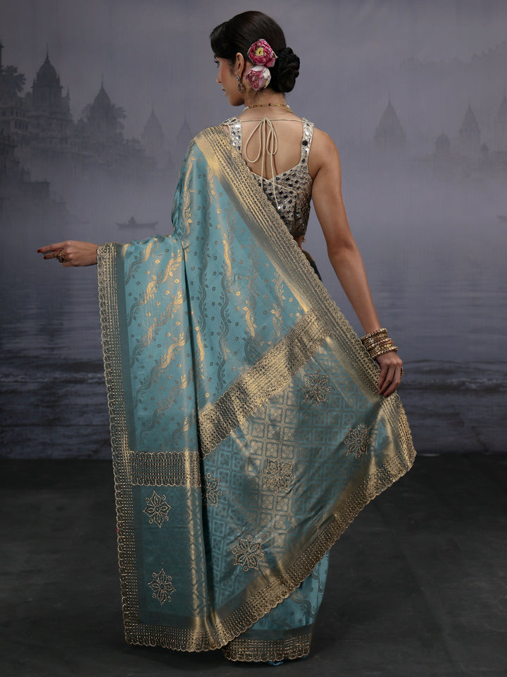 Libas Blue Woven Design Satin Saree with Embellished Pallu