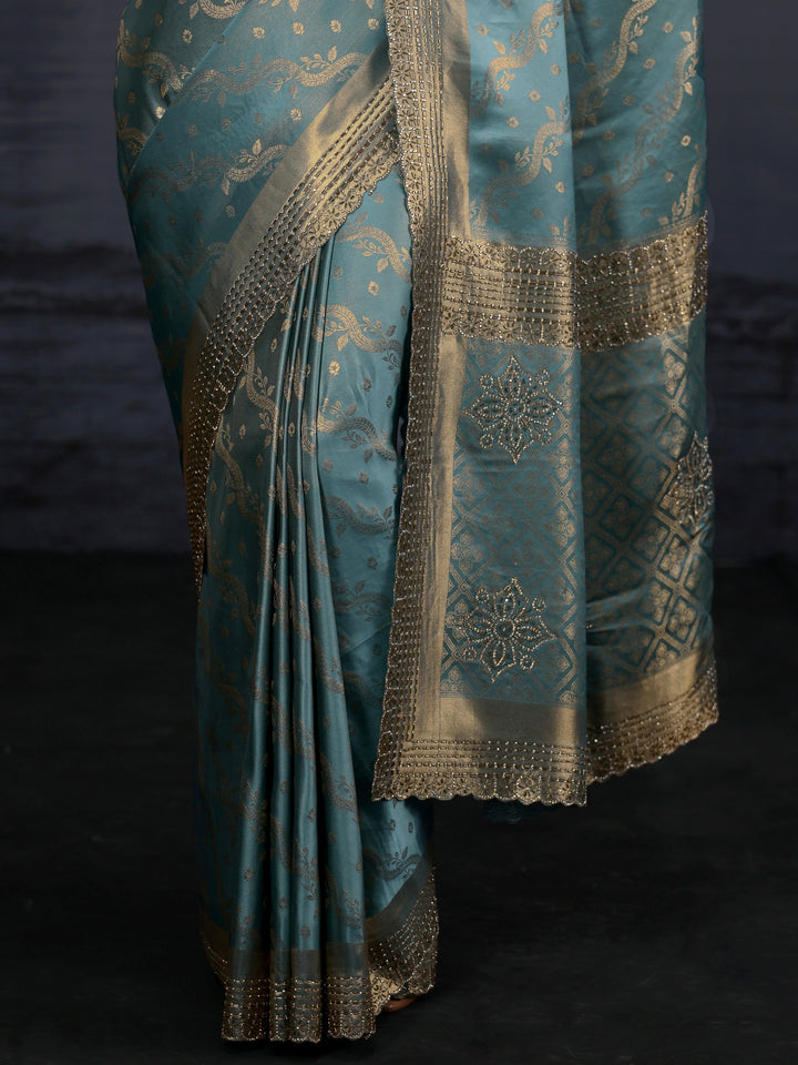 Libas Blue Woven Design Satin Saree with Embellished Pallu