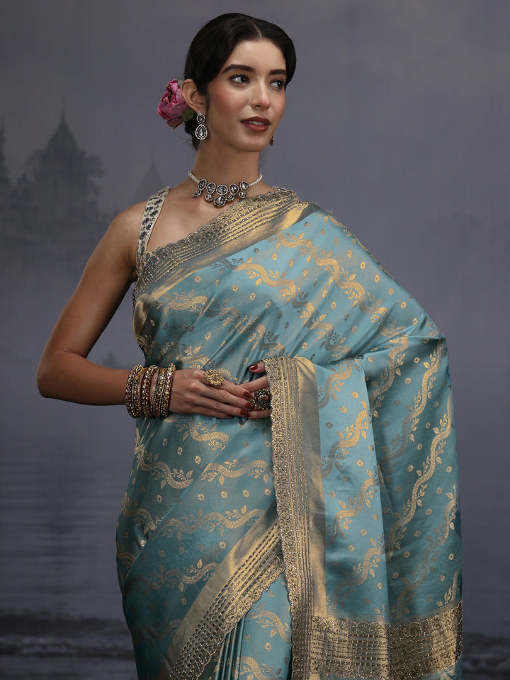 Libas Blue Woven Design Satin Saree with Embellished Pallu
