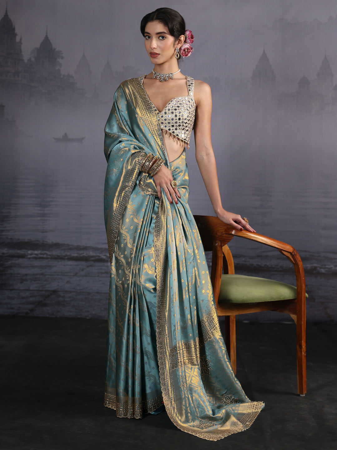 Libas Blue Woven Design Satin Saree with Embellished Pallu