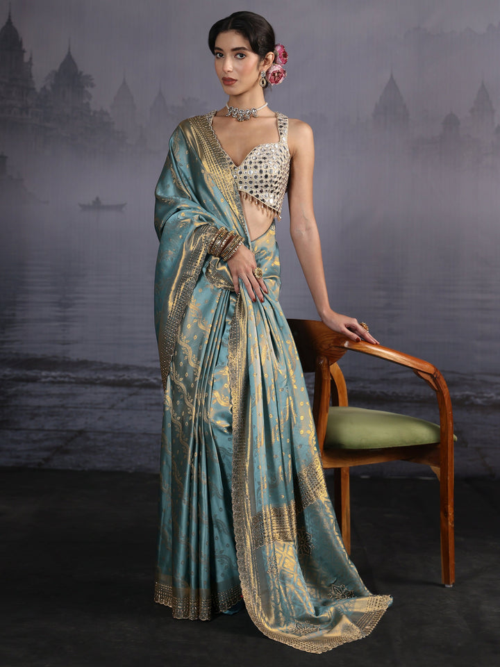 Libas Blue Woven Design Satin Saree with Embellished Pallu