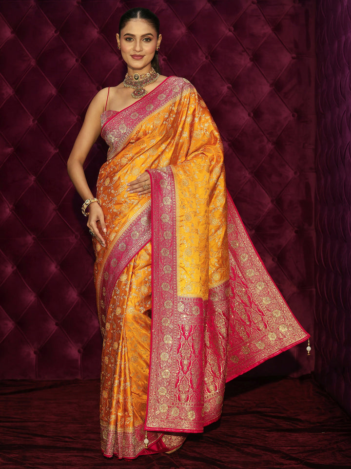 Libas Mustard and Red Floral Woven Design Satin Saree with Embellishments