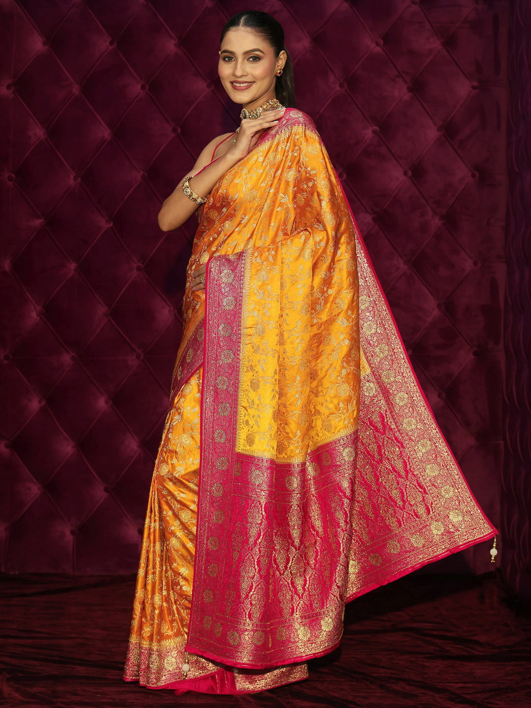 Libas Mustard and Red Floral Woven Design Satin Saree with Embellishments