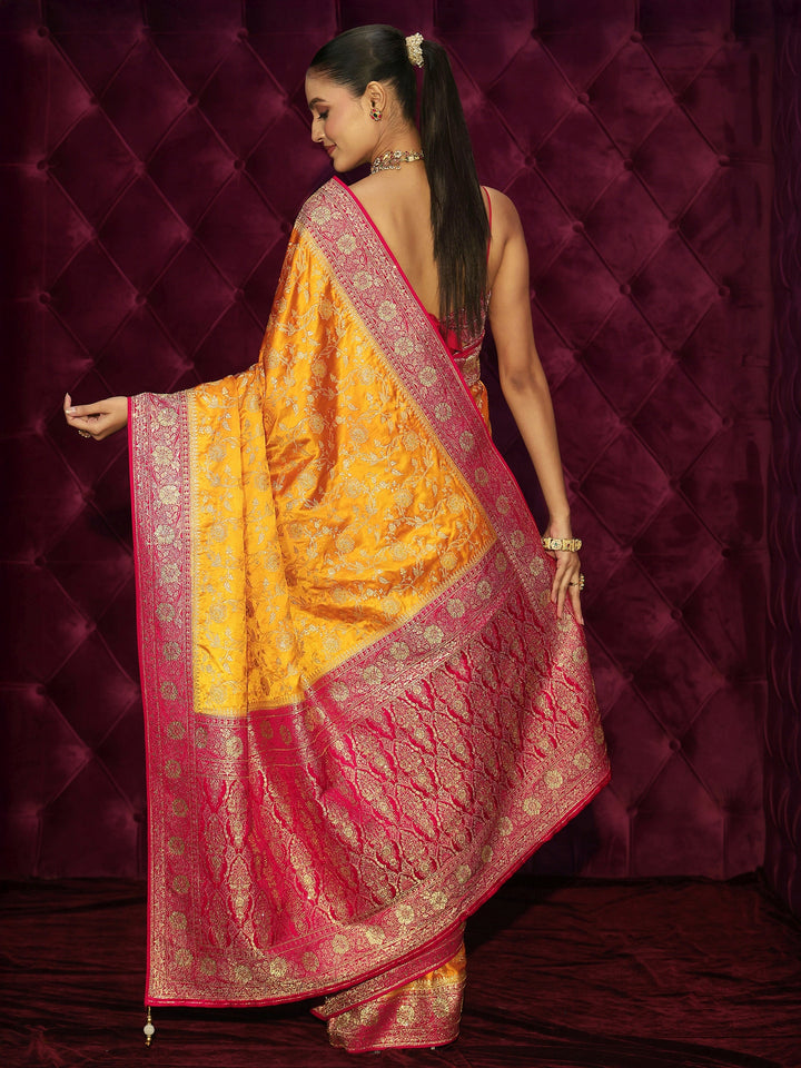 Libas Mustard and Red Floral Woven Design Satin Saree with Embellishments