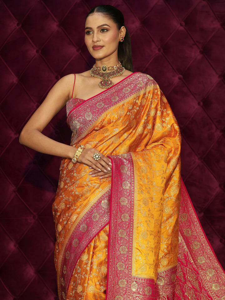 Libas Mustard and Red Floral Woven Design Satin Saree with Embellishments