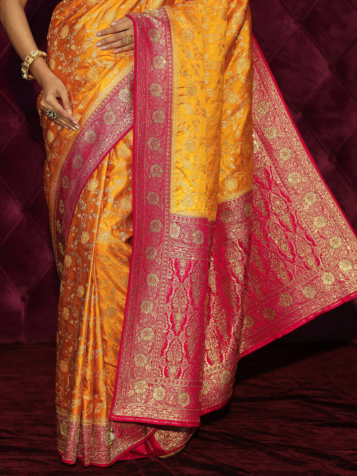 Libas Mustard and Red Floral Woven Design Satin Saree with Embellishments