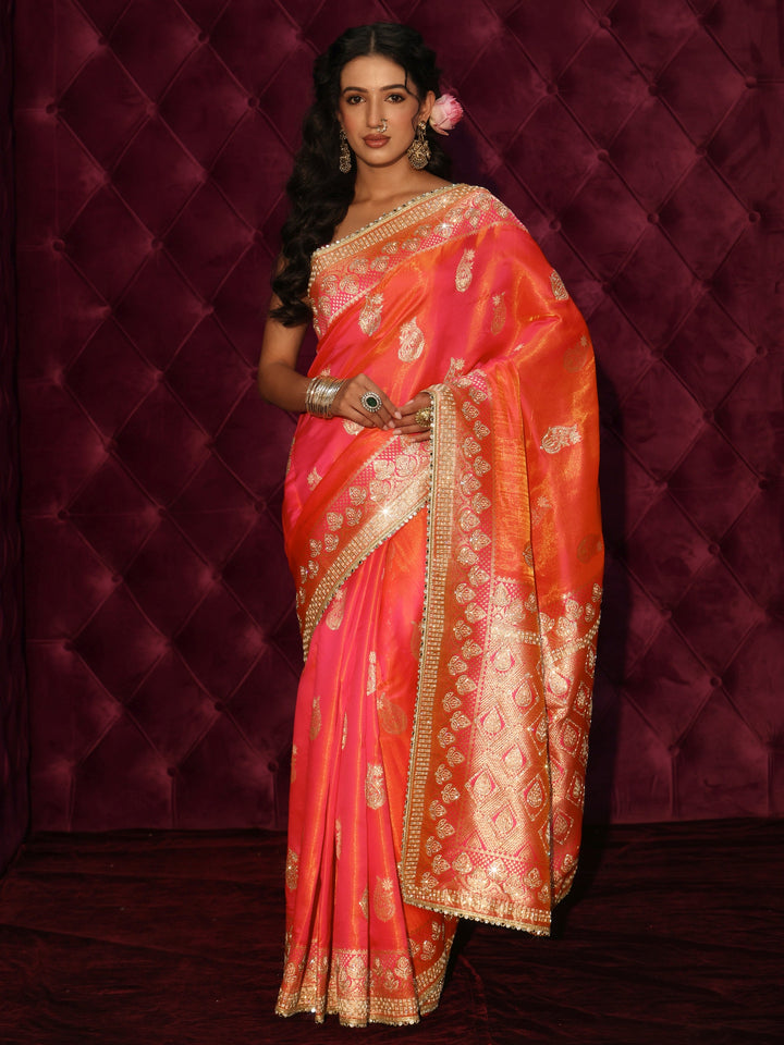 Libas Art Pink Woven Design Silk Blend Saree with Embellishments