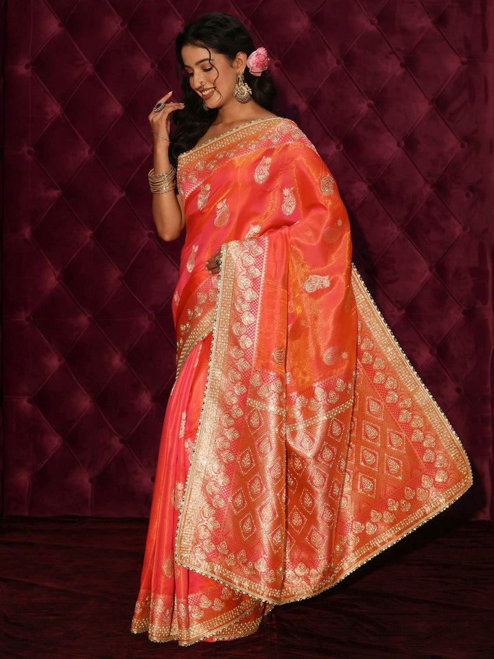 Libas Art Pink Woven Design Silk Blend Saree with Embellishments