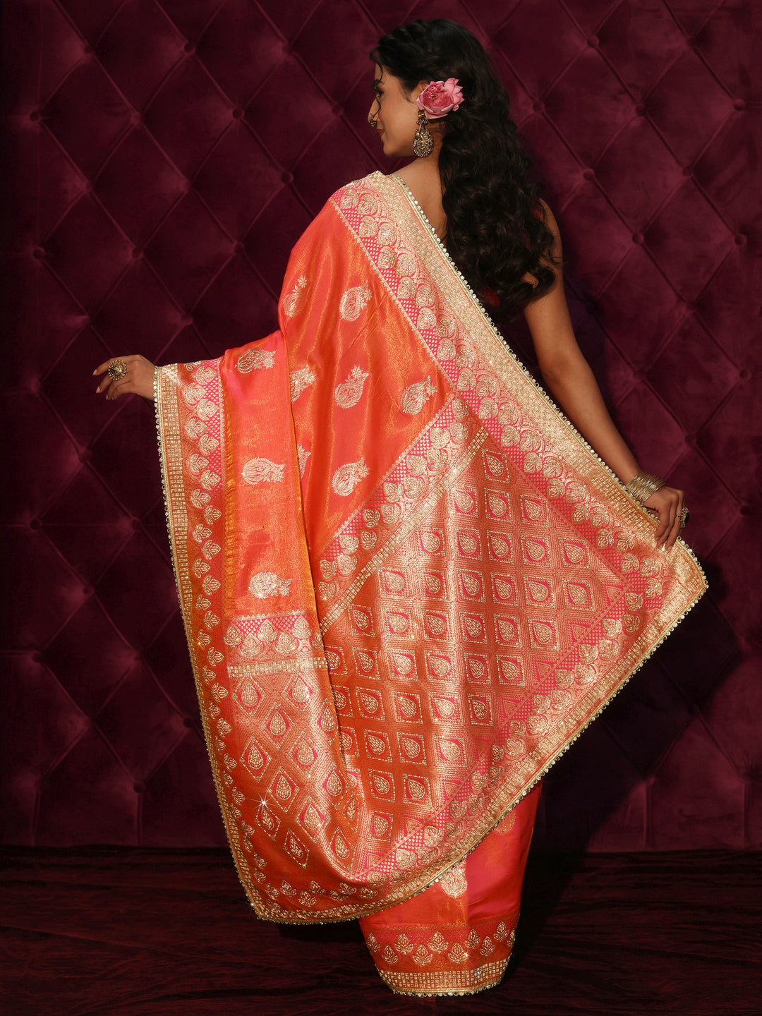 Libas Art Pink Woven Design Silk Blend Saree with Embellishments