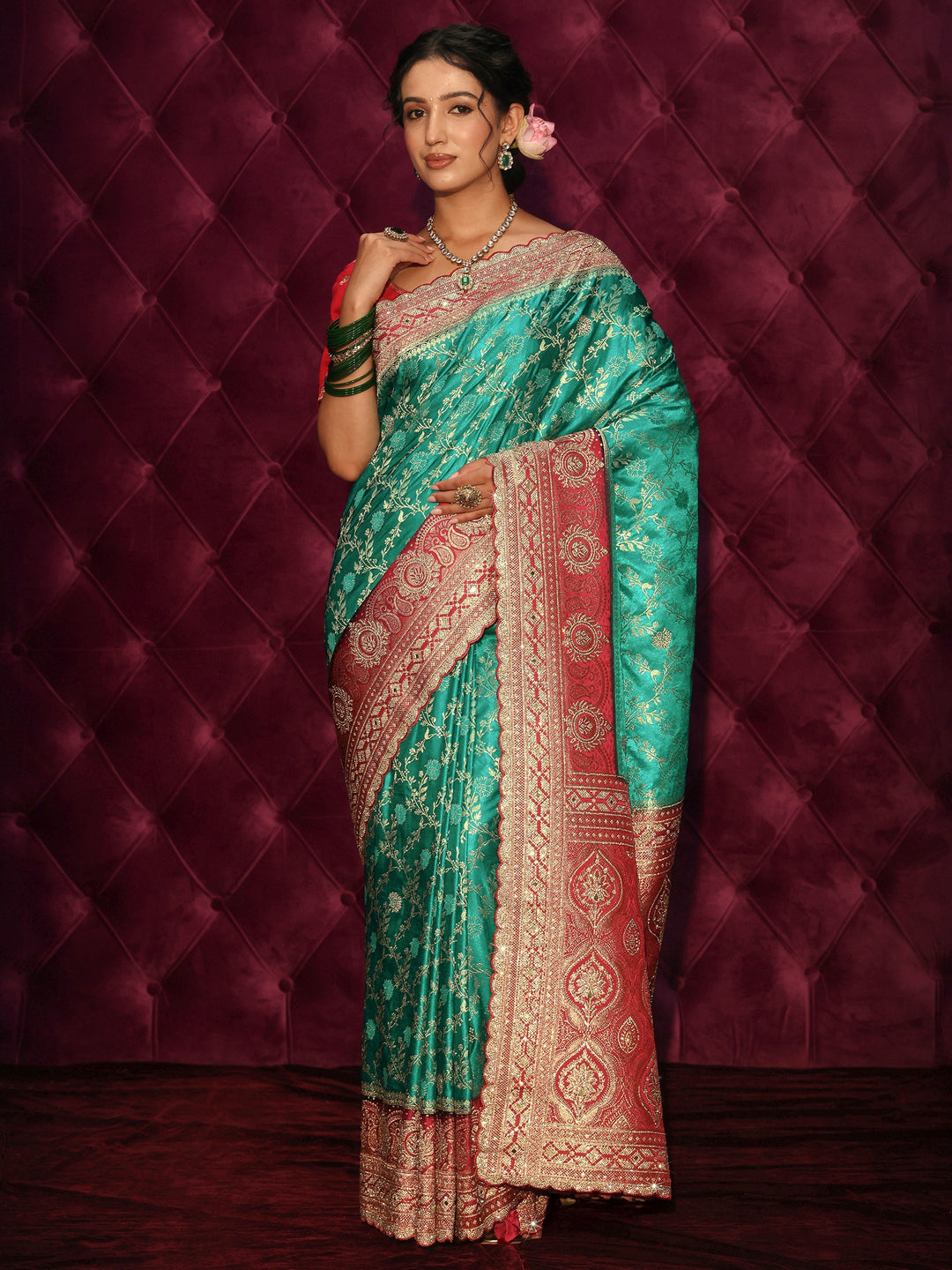 Libas Art Green Floral Woven Design Satin Saree with Embellished Pallu