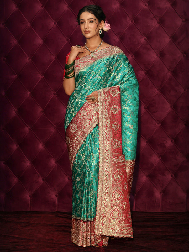 Libas Art Green Floral Woven Design Satin Saree with Embellished Pallu