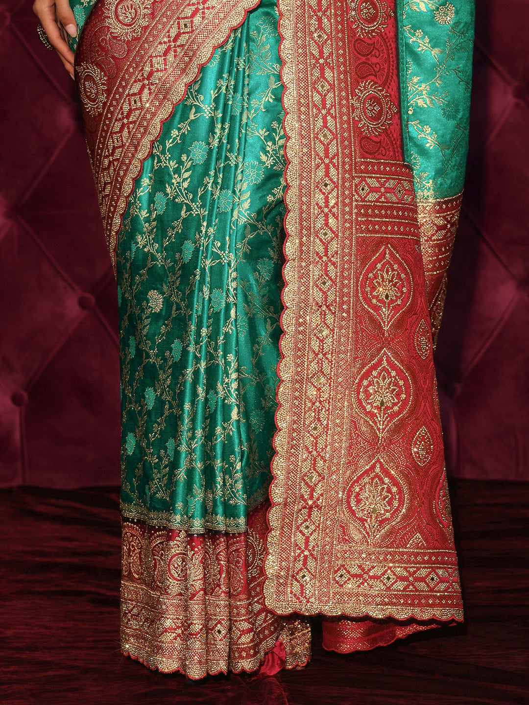 Libas Art Green Floral Woven Design Satin Saree with Embellished Pallu