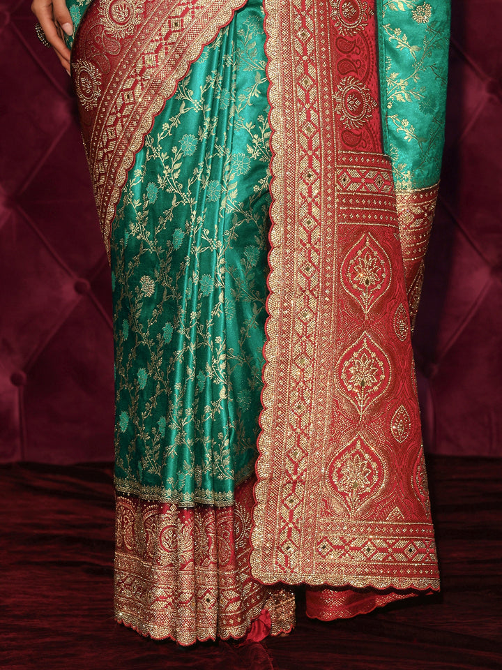 Libas Art Green Floral Woven Design Satin Saree with Embellished Pallu