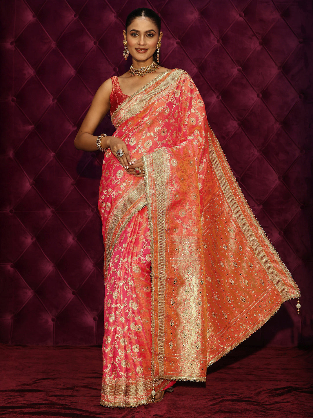 Libas Art Pink Floral Woven Design Silk Blend Saree with Embellishments