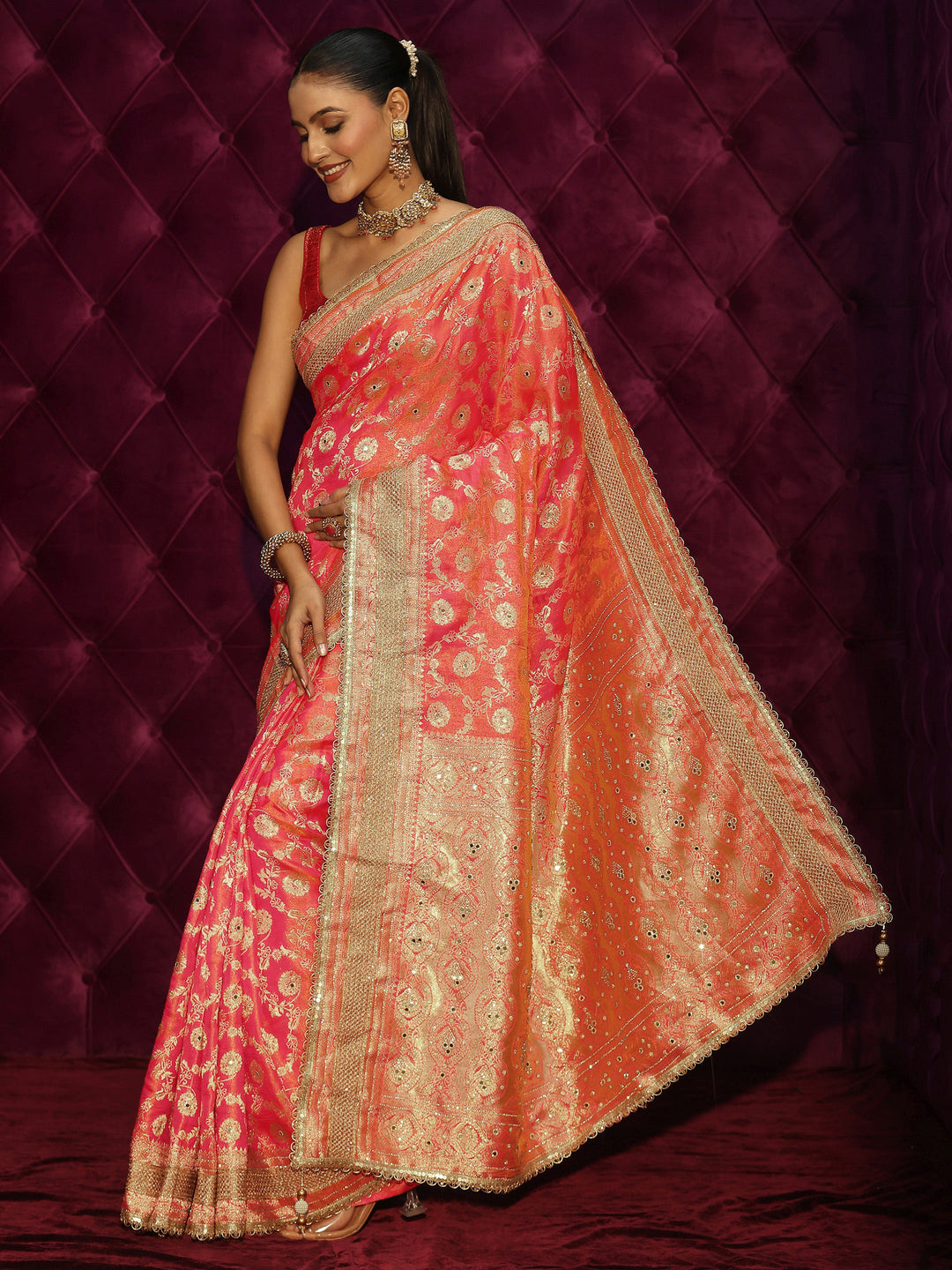 Libas Art Pink Floral Woven Design Silk Blend Saree with Embellishments