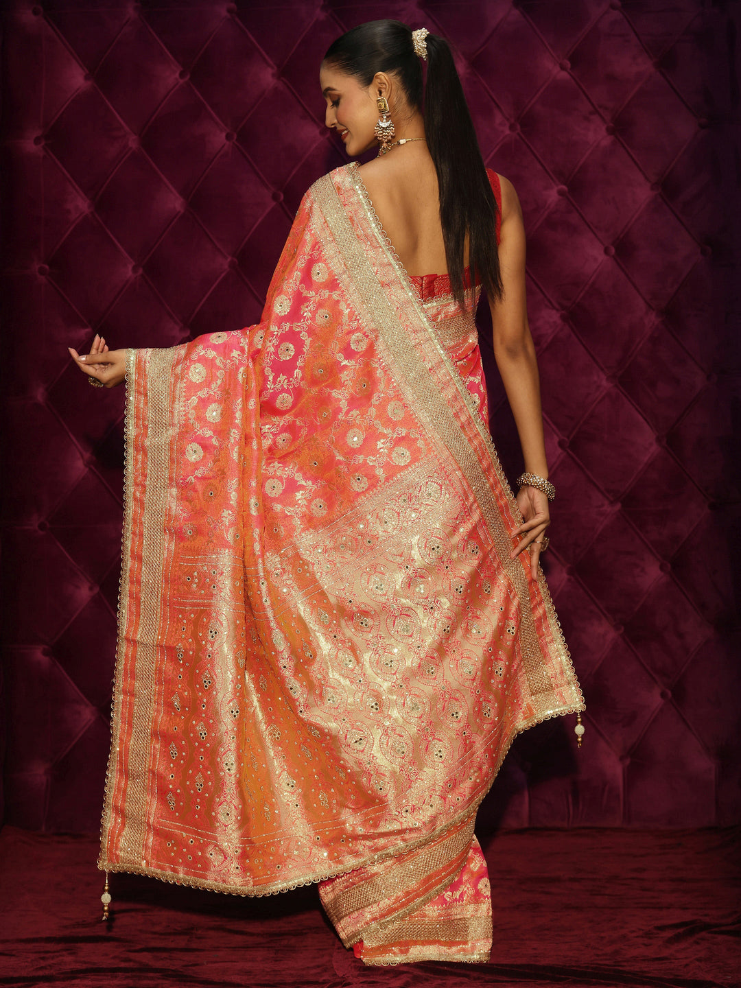 Libas Art Pink Floral Woven Design Silk Blend Saree with Embellishments