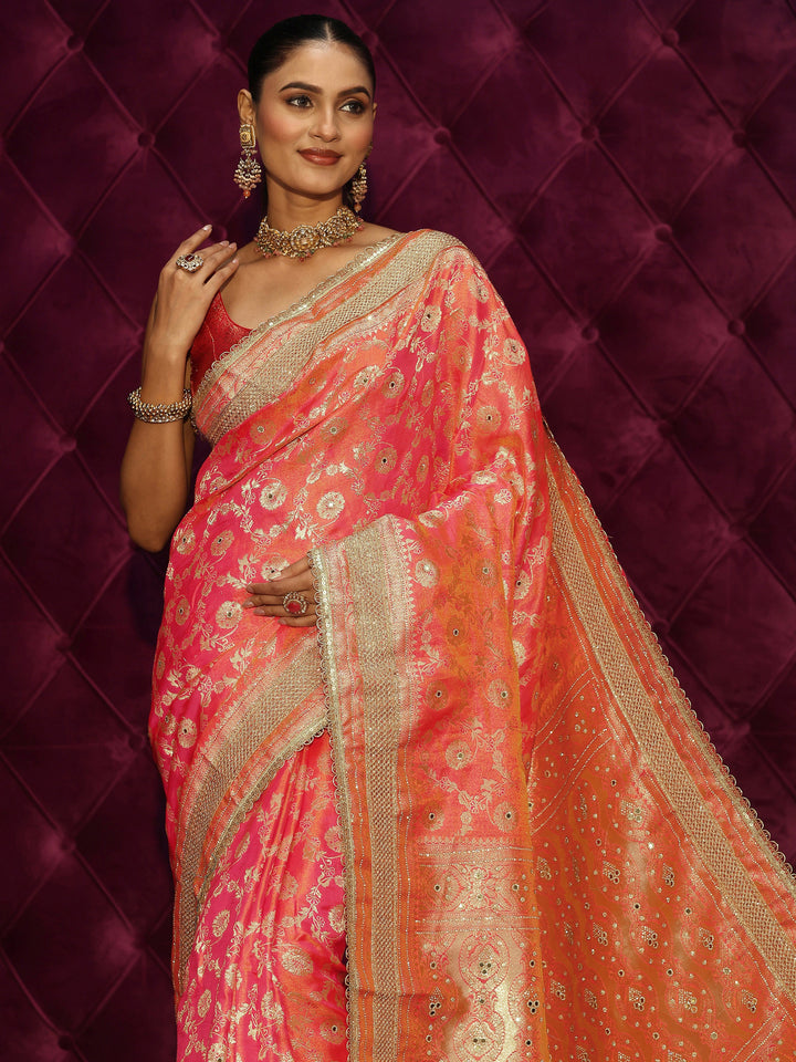 Libas Art Pink Floral Woven Design Silk Blend Saree with Embellishments