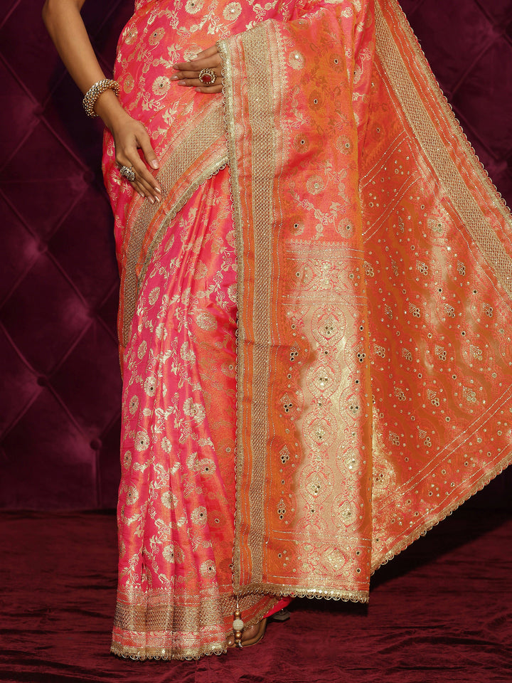 Libas Art Pink Floral Woven Design Silk Blend Saree with Embellishments