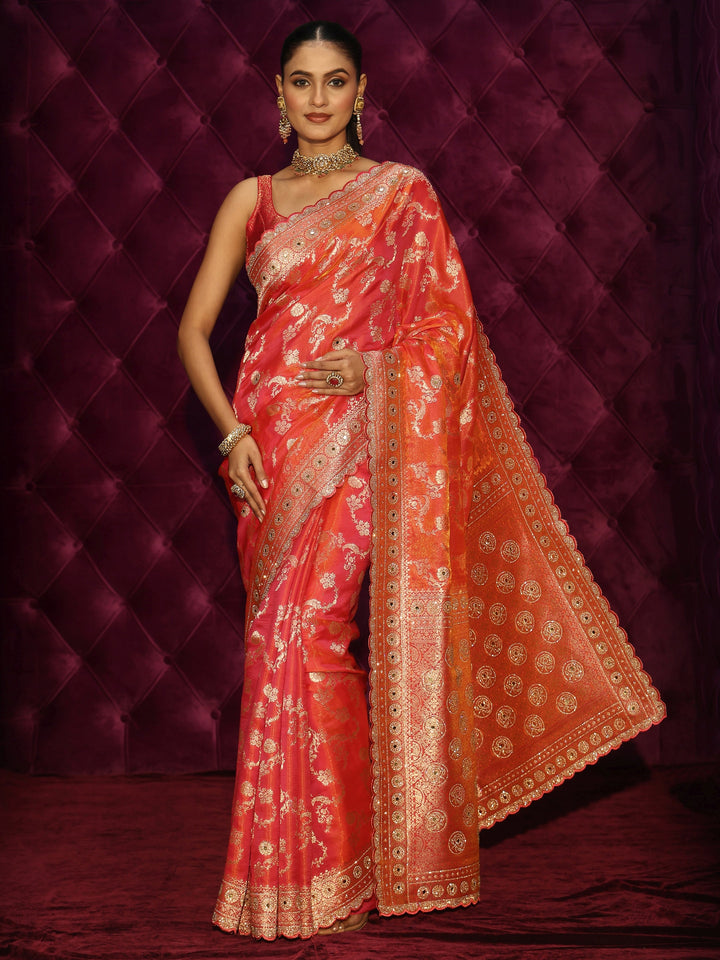 Libas Art Pink Floral Woven Design Silk Blend Saree with Stone Work