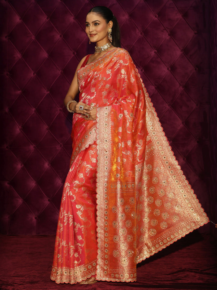 Libas Art Pink Floral Woven Design Silk Blend Saree with Stone Work