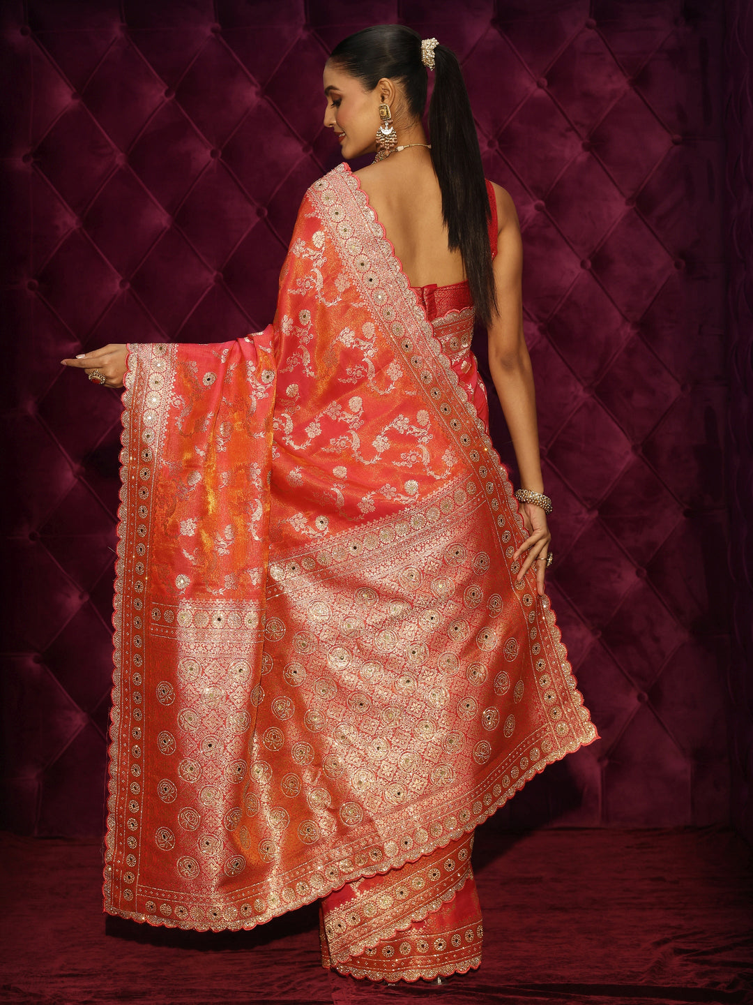 Libas Art Pink Floral Woven Design Silk Blend Saree with Stone Work
