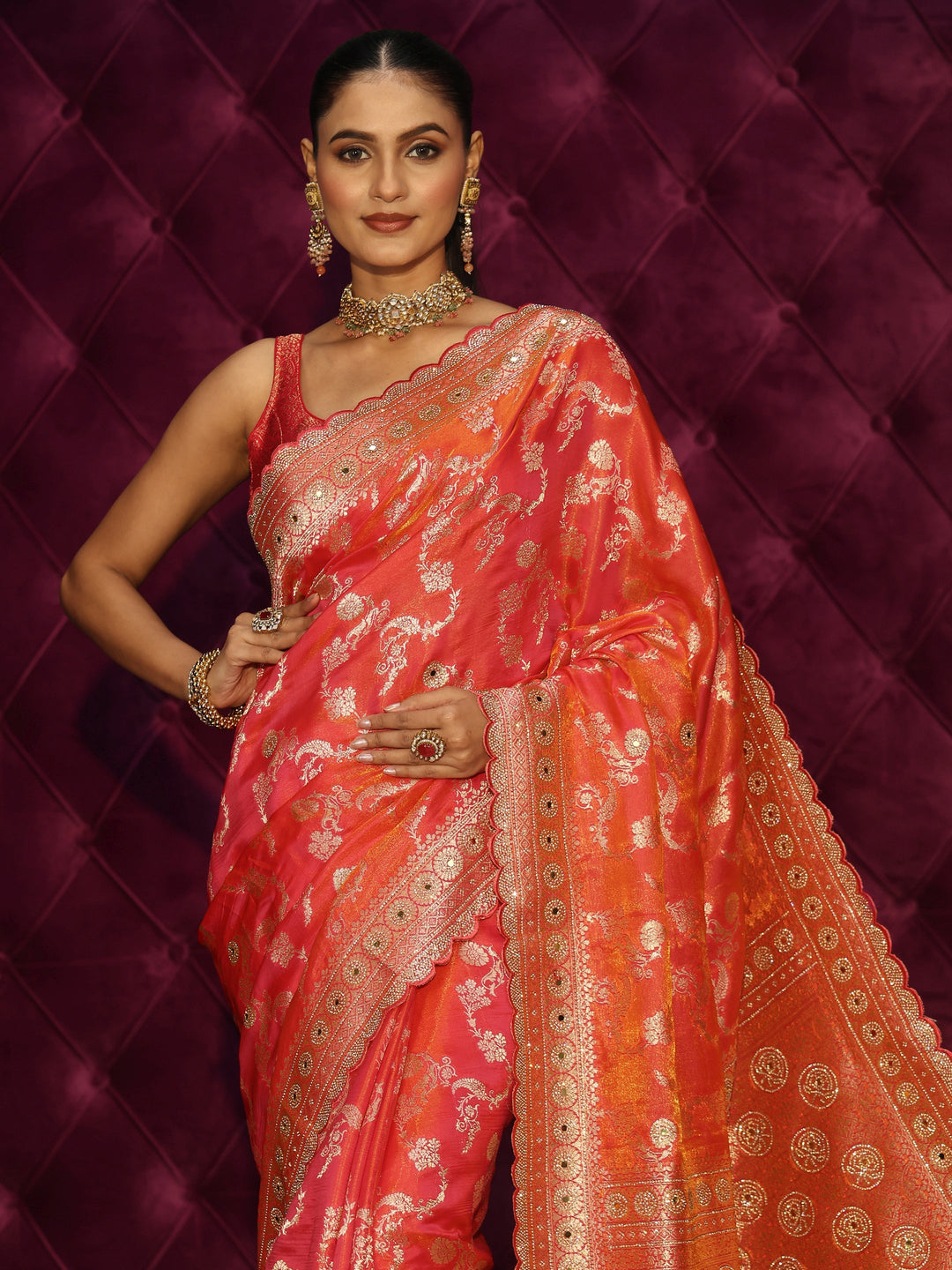 Libas Art Pink Floral Woven Design Silk Blend Saree with Stone Work