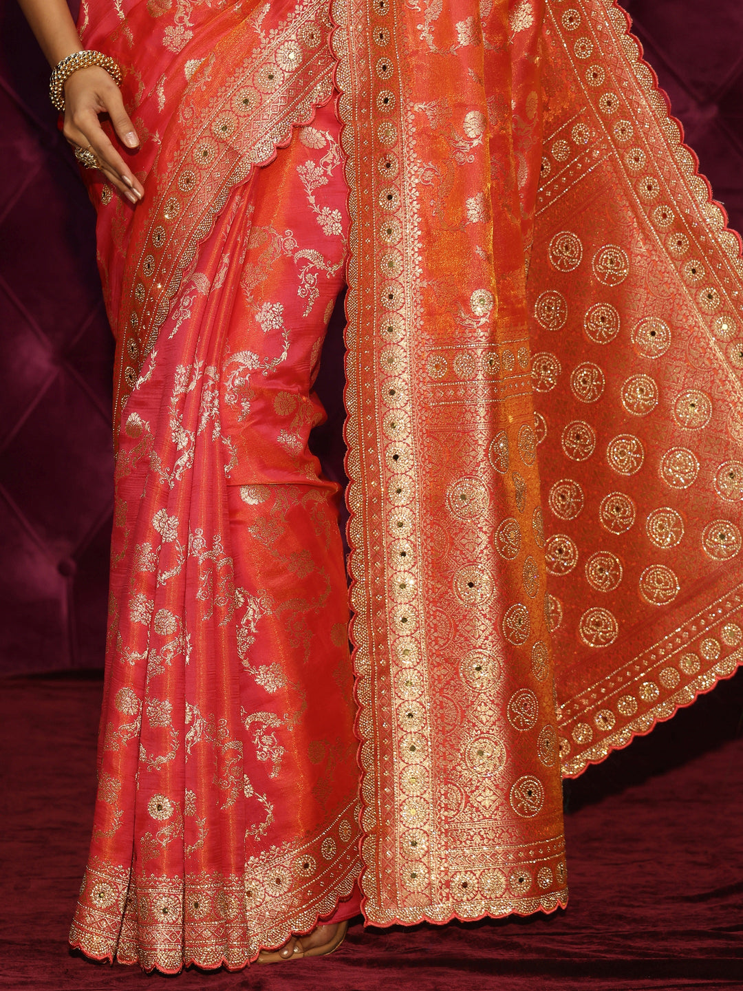 Libas Art Pink Floral Woven Design Silk Blend Saree with Stone Work