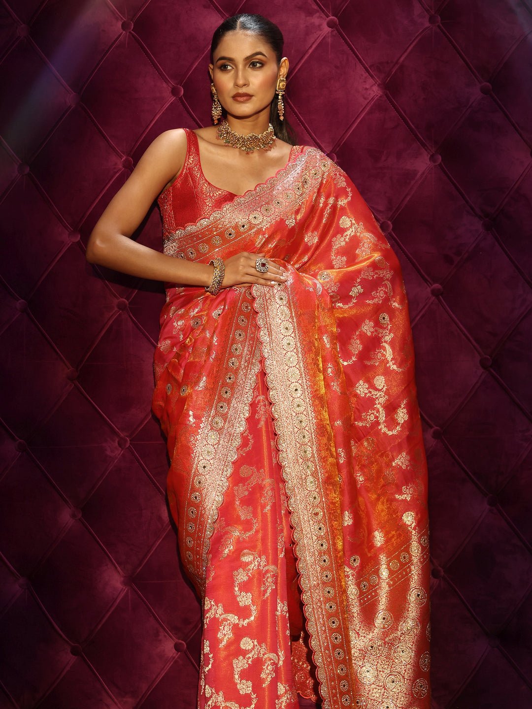 Libas Art Pink Floral Woven Design Silk Blend Saree with Stone Work