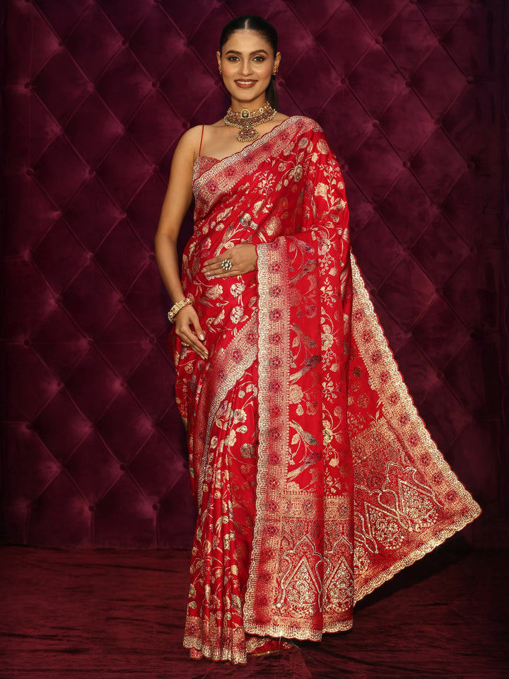 Libas Art Crimson Red Floral Woven Design Satin Saree with Embellishments