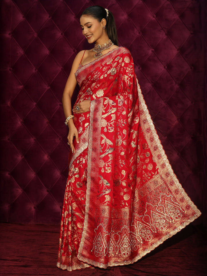 Libas Art Crimson Red Floral Woven Design Satin Saree with Embellishments