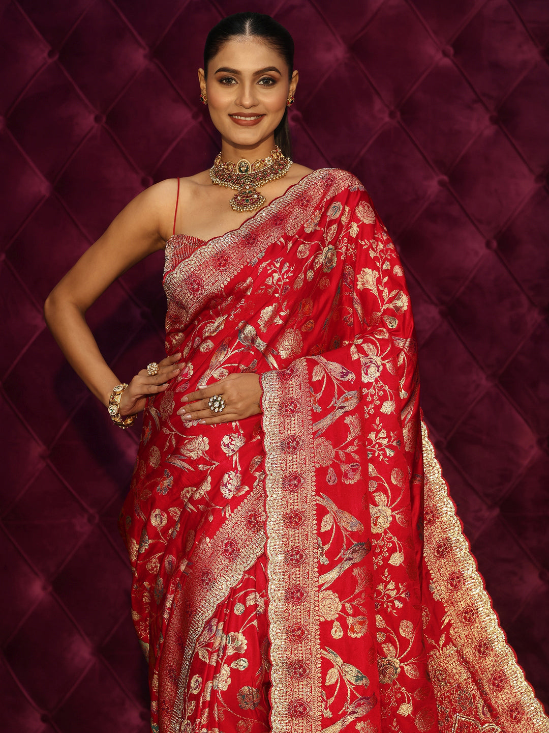 Libas Art Crimson Red Floral Woven Design Satin Saree with Embellishments