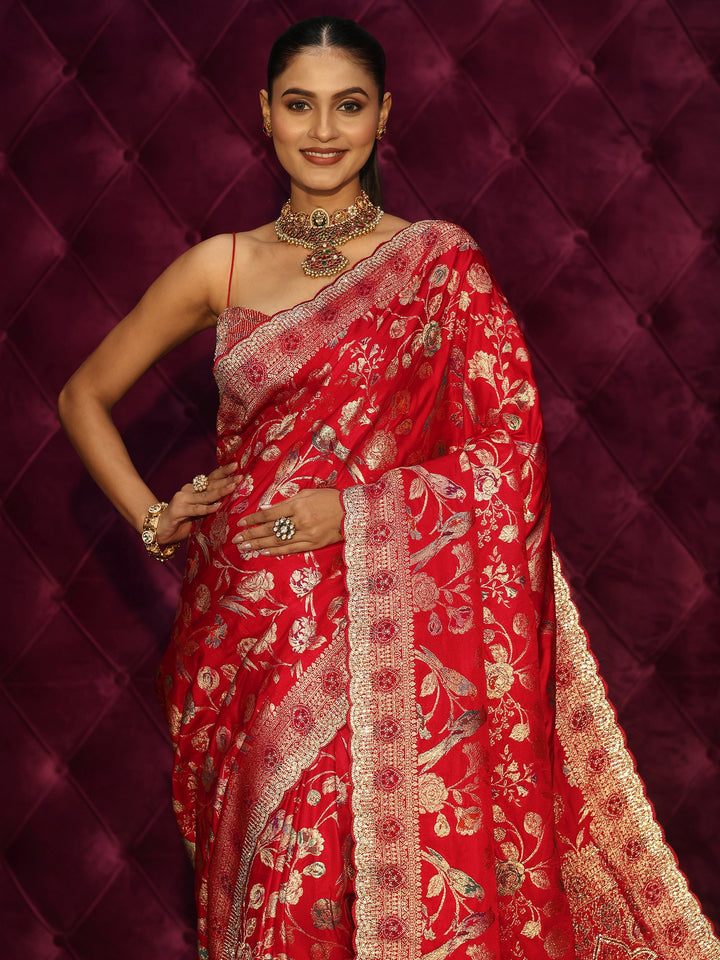 Libas Art Crimson Red Floral Woven Design Satin Saree with Embellishments
