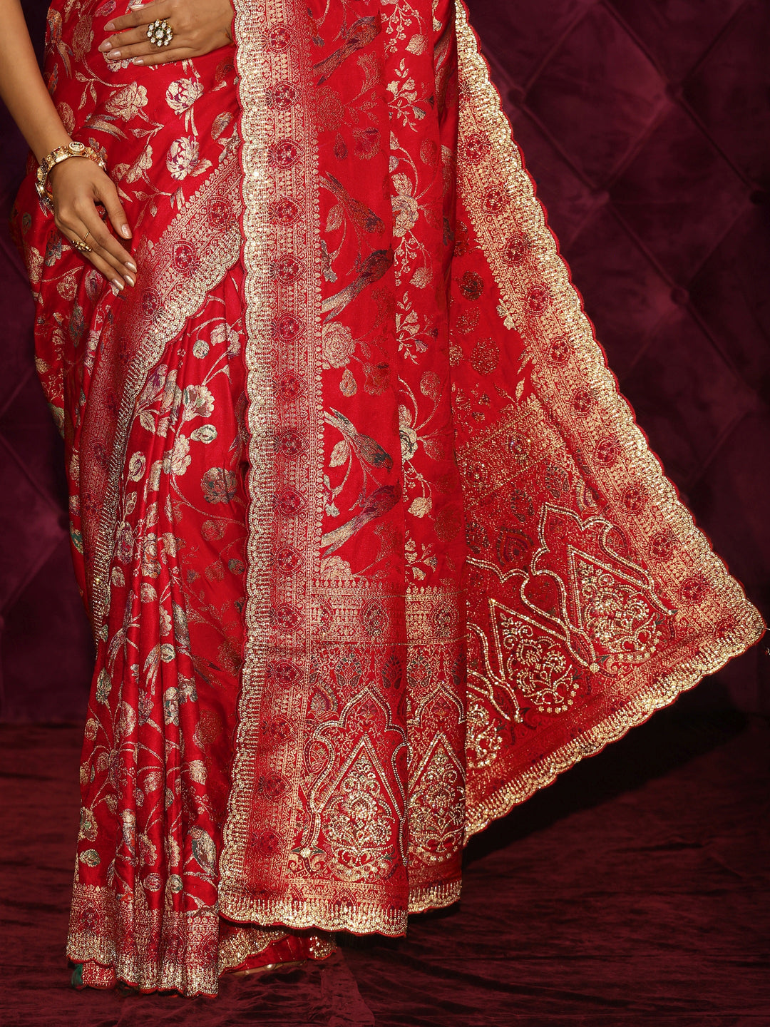 Libas Art Crimson Red Floral Woven Design Satin Saree with Embellishments