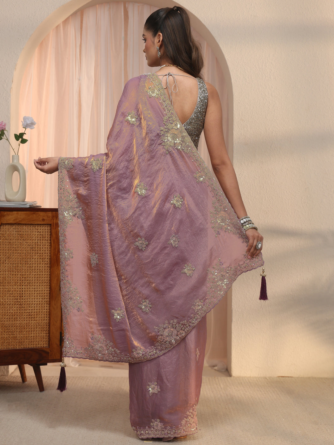 Libas Lavender Floral Embellished Tissue Saree