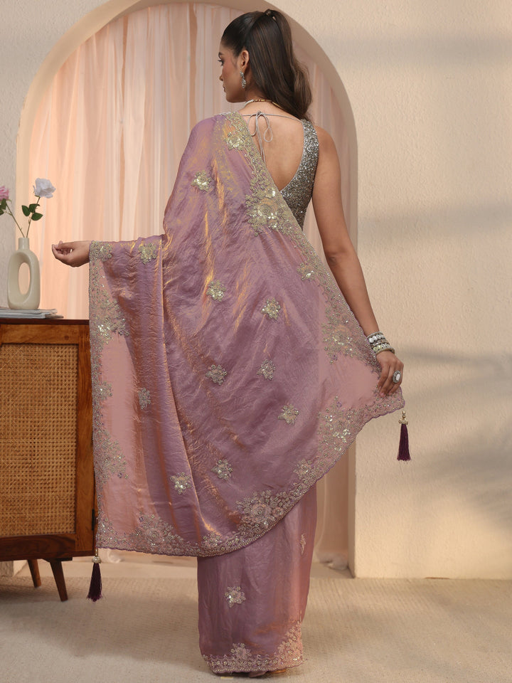 Libas Lavender Floral Embellished Tissue Saree