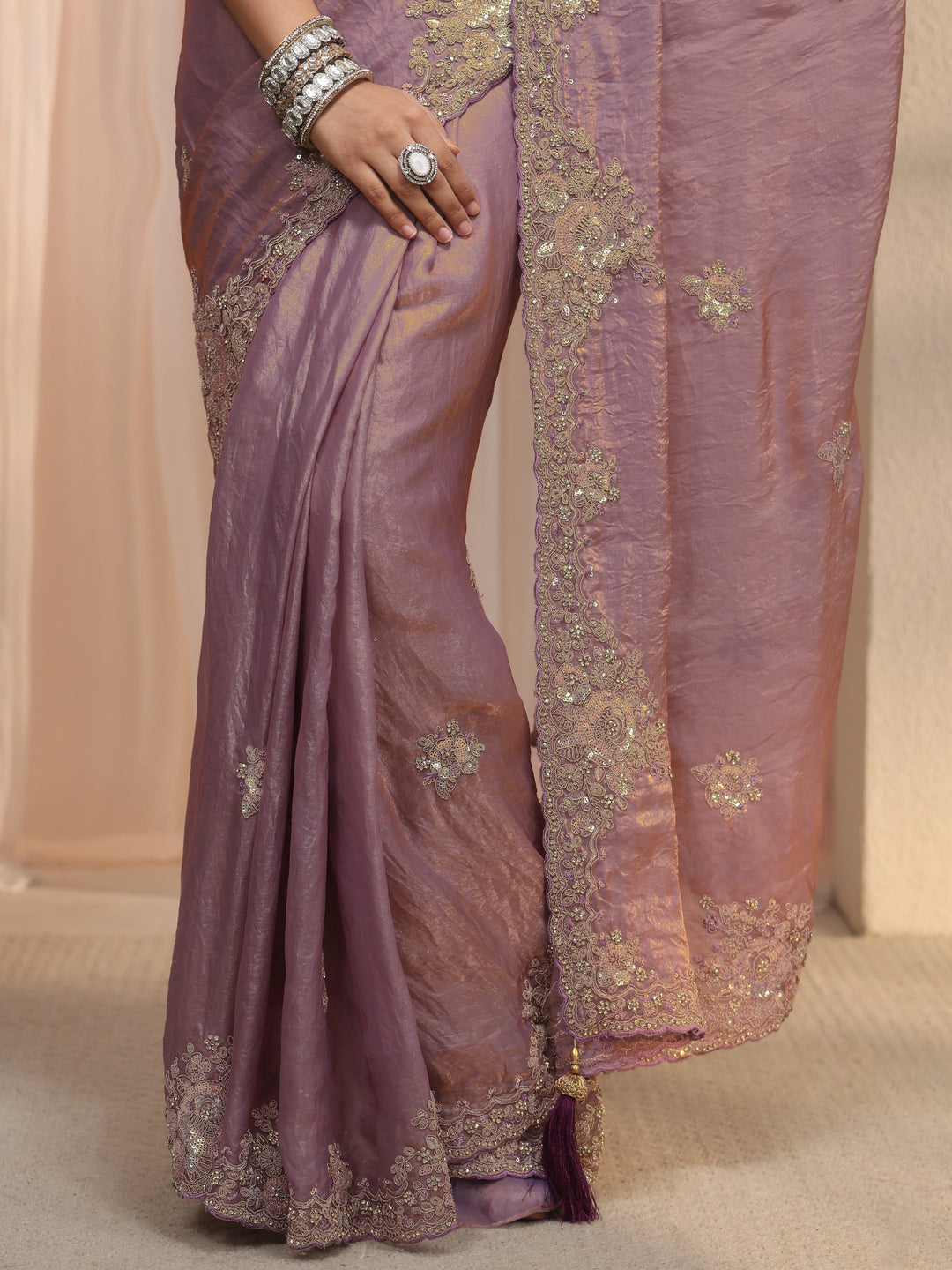 Libas Lavender Floral Embellished Tissue Saree