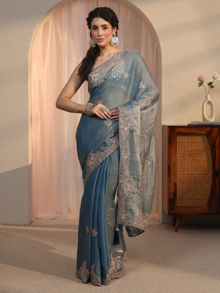 Libas Dusty Blue Floral Embellished Tissue Saree