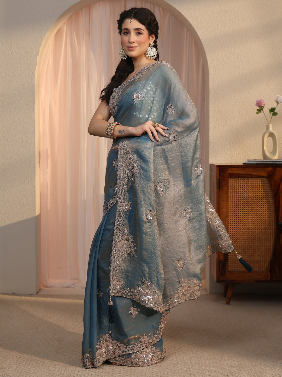 Libas Dusty Blue Floral Embellished Tissue Saree