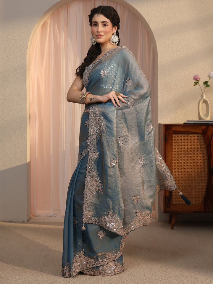 Libas Dusty Blue Floral Embellished Tissue Saree