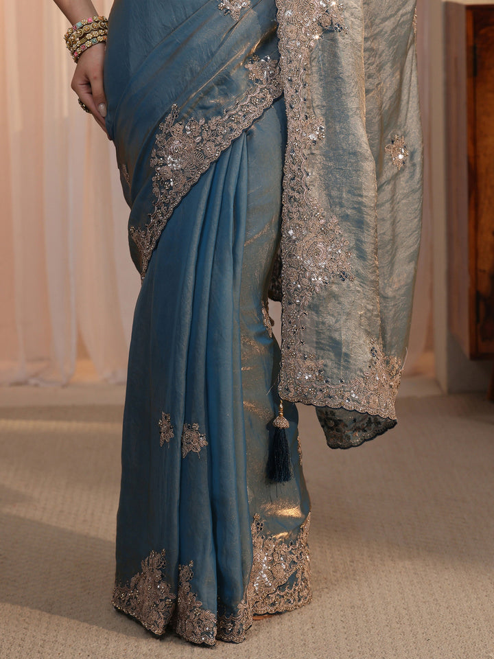Libas Dusty Blue Floral Embellished Tissue Saree