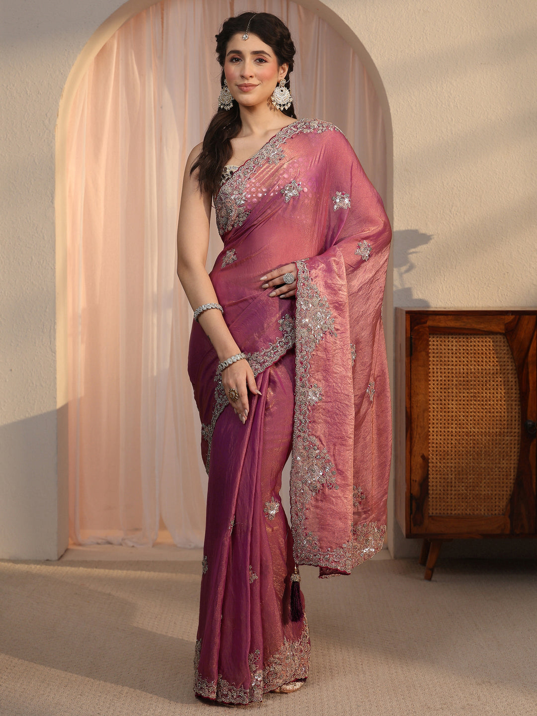 Libas Mauve Floral Embellished Tissue Saree