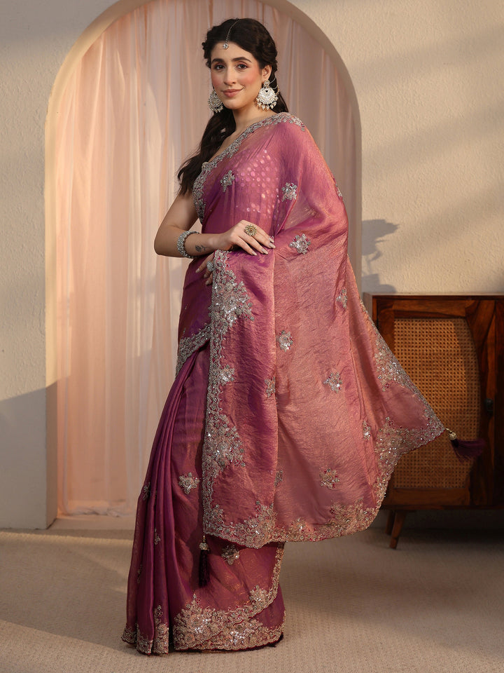 Libas Mauve Floral Embellished Tissue Saree