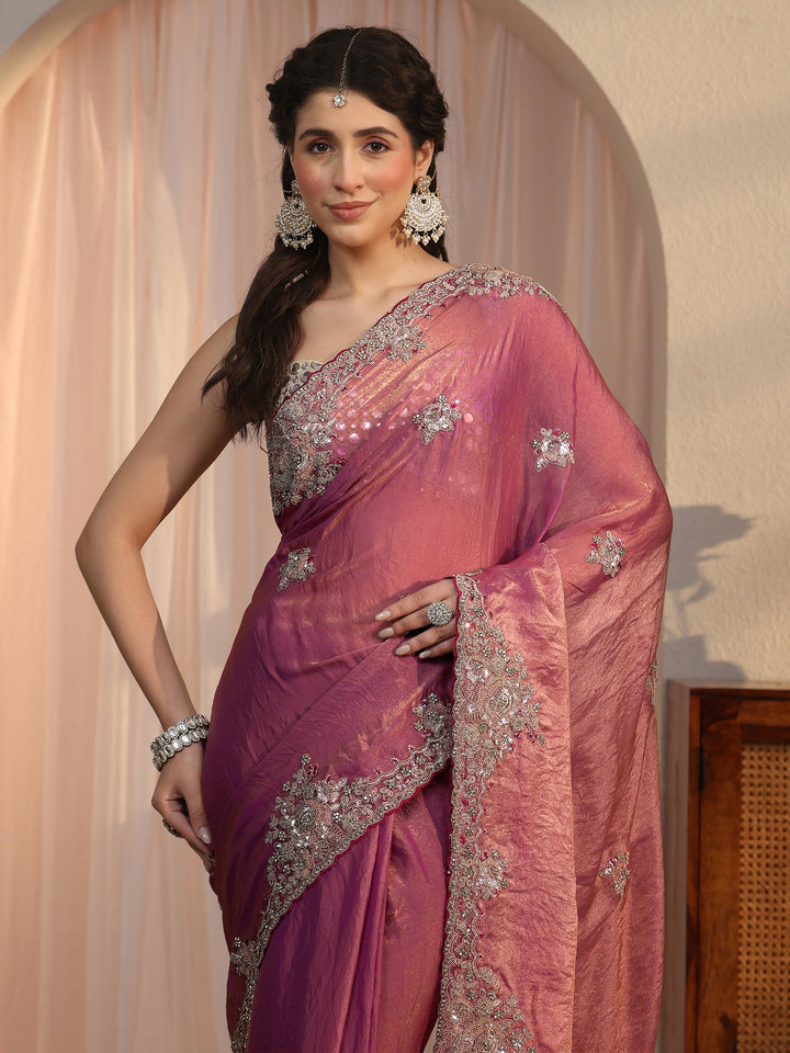 Libas Mauve Floral Embellished Tissue Saree