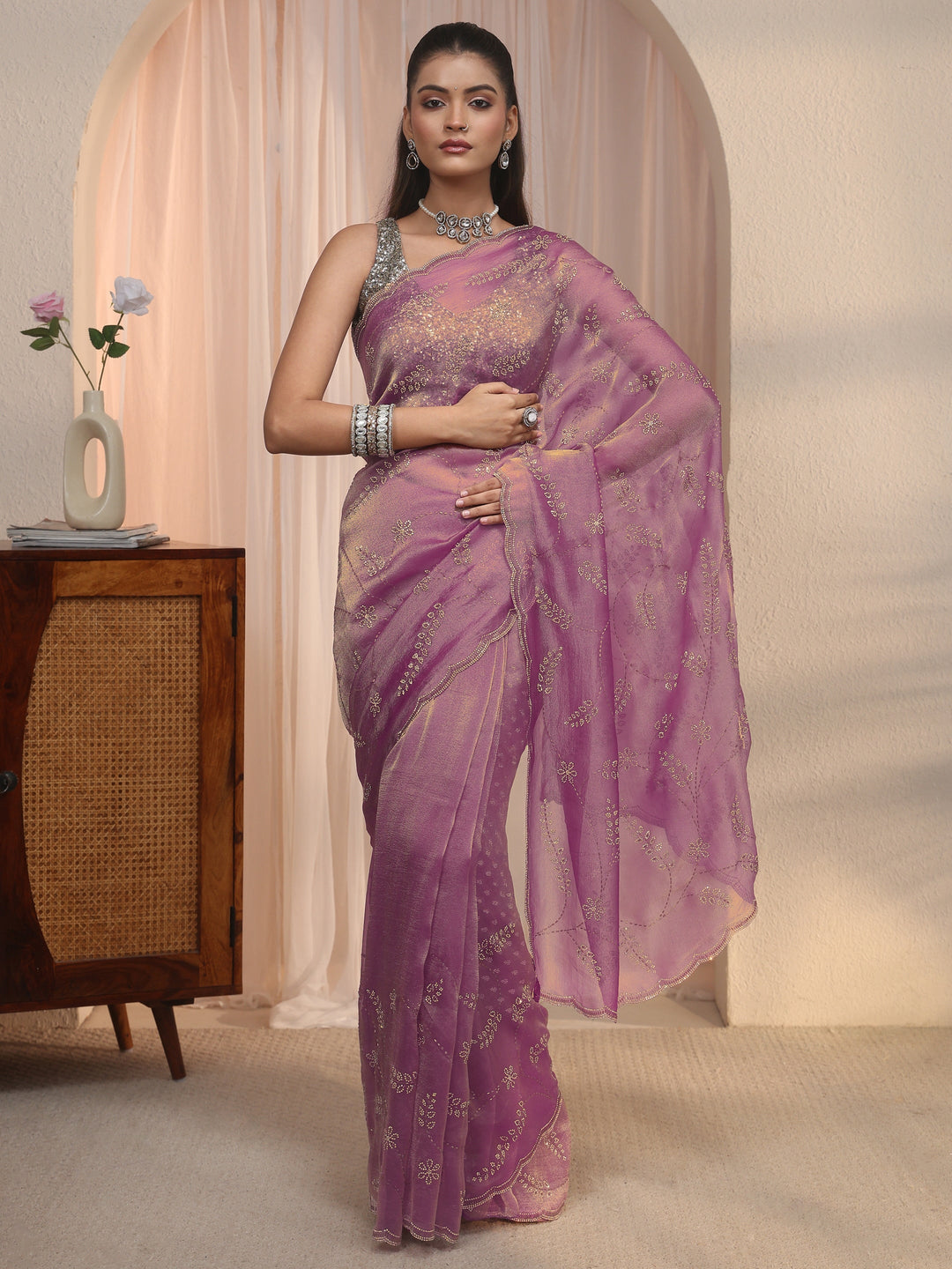 Libas Purple Stone Work Embellished Tissue Saree with Scalloped Border