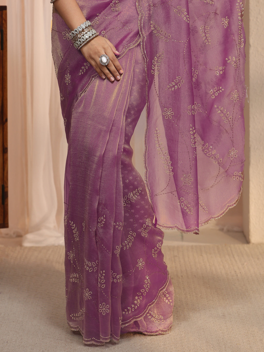 Libas Purple Stone Work Embellished Tissue Saree with Scalloped Border