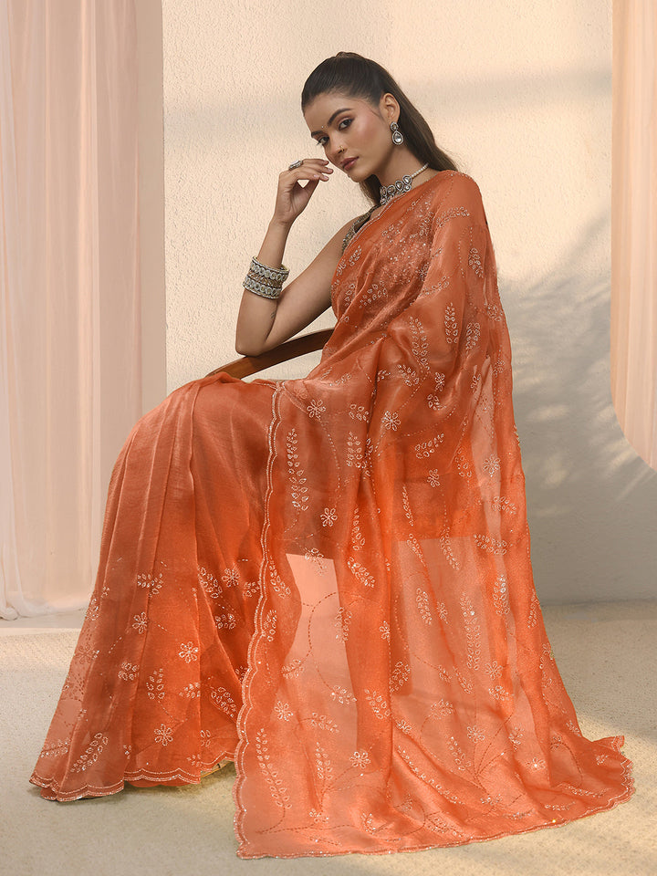 Libas Rust Brown Leafy Stone Work Embellished Tissue Saree