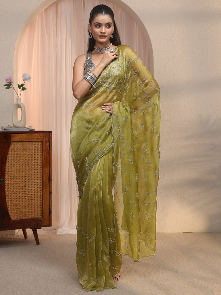 Libas Green Stone Work Embellished Tissue Saree with Scalloped Border