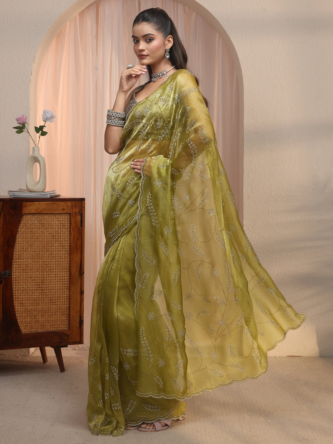 Libas Green Stone Work Embellished Tissue Saree with Scalloped Border