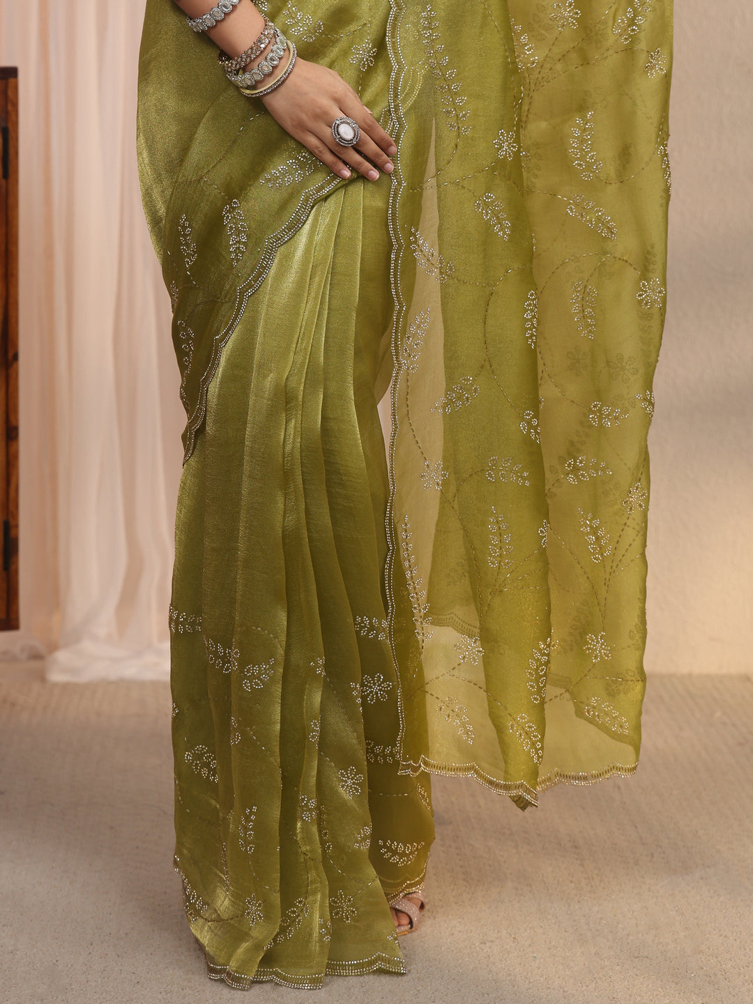 Libas Green Stone Work Embellished Tissue Saree with Scalloped Border